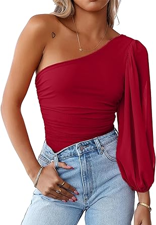 MASCOMODA Womens Fall Fashion 2023 Mesh Long Sleeve One Shoulder Tops Solid Stretch Ruched Lantern Sleeve Blouse Shirt