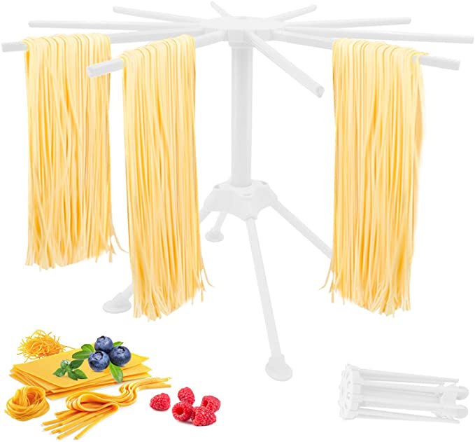 Pasta Drying Rack, Collapsible Pasta Rack with 10 Bar Handles, Quick Set-Up Drying Rack, Widely-Used Spaghetti Folding Drying Rack for Kitchen, Easy Storage Stand Pasta Dryer for Home Use（White）