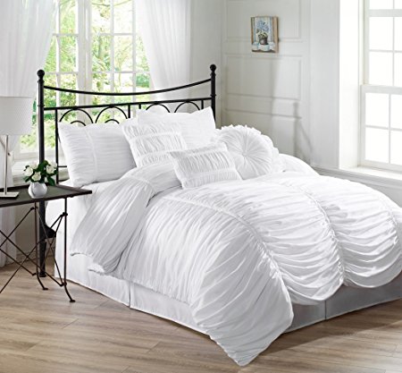 Chezmoi Collection 7-Piece Chic Ruched Comforter Set, King, White
