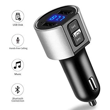 VR-robot Bluetooth FM Transmitter for Car, Wireless Bluetooth FM Radio Adapter Car Kit with Hands-Free Calling and 2 Ports USB Charger