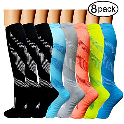 ACTINPUT 8 Pack Compression Socks Women & Men 15-20mmHg - Best for Medical,Nursing,Hiking,Travel & Flight Socks