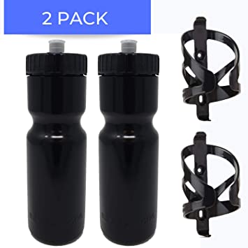 50 Strong Bike Bottle Holder with Water Bottle - 2 Pack - 22 oz. BPA Free Bicycle Squeeze Bottle and Durable Plastic Holder Cage- Made in USA