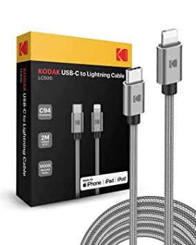 KODAK LC500 USB Type-C to Lightning Cable, 6.5 ft (2M) | MFi-Certified | Braided Sync & Charge Cable | Compatible with MacBooks, iPads, iPhone 14 Series/iPhone 13 Series / 12 Series - Grey KD40007