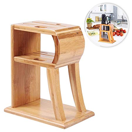 Bamboo Knife Block “R”,Knife Holder With 6 Slots,Knife Storage Organizer,Cutlery Display Stand and Storage Rack,Kitchen Scissor Holder,Knife Dock,Kitchen Utensil and Tools Holder