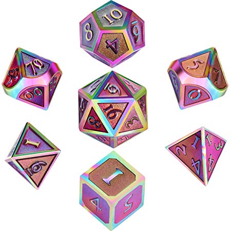 Hestya 7 Pieces Metal Dices Set DND Game Polyhedral Solid Metal D&D Dice Set with Storage Bag and Zinc Alloy with Enamel for Role Playing Game Dungeons and Dragons, Math Teaching (Rainbow-Pink)