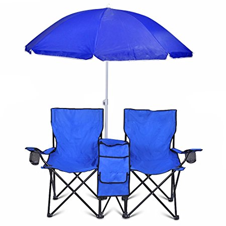 Double Folding Chair With Removable Umbrella Table Cooler Bag Fold Up Steel Construction Dual Seat for Patio Beach Lawn Picnic Fishing Camping Garden and Carrying Bag