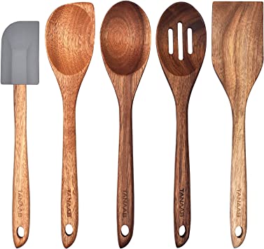 TANAAB Wooden Spoons Kitchen Utensils Set for Cooking Baking, Natural Wood Slotted Spoon Solid Corner Spoon Turner Silicone Spatula Cooking Utensils Set Tools Large for Nonstick Cookware