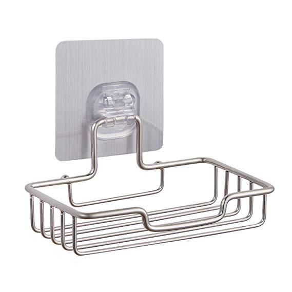Fealkira Soap Dish Holder for Bathroom Shower Wall Mounted Self Adhesive Nail Free No Drilling Soap Holder Saver Tray-Stainless Steel Sponge Holder for Kitchen Storage Rack Soap Box (Opaque Base)