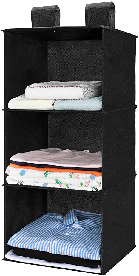 MaidMAX 3 Tiers Cloth Hanging Shelf for Closet Organizer, Hanging Dresser with 2 Widen Straps, Foldable, Black