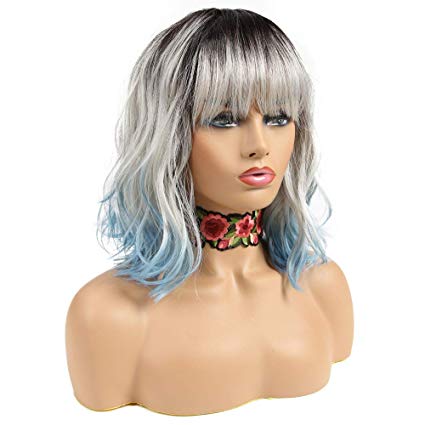 NOBLE Blue Wig with Bangs Short Curly Wigs Natural Wave Hair Wigs for Cute Girl Colorful Wigs for Party (12inches, 3T4/60BLU)