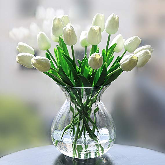 Veryhome PU Fake Tulip Artificial Flower Real Touch for Wedding Room Home Hotel Party Decoration and DIY Welcome Door Wreath Decor (Pack of 20, White)