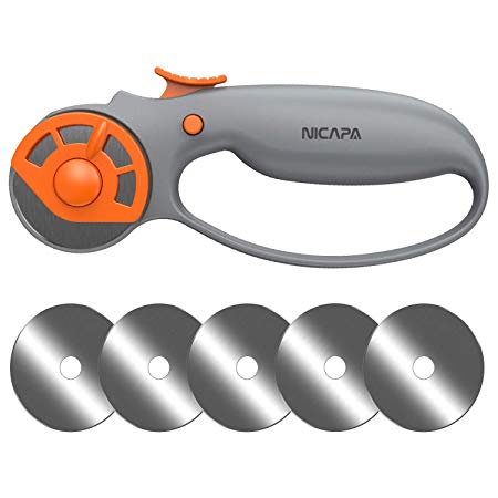 NICAPA 45mm Rotary Cutter for Fabric with Safety Lock Ergonomic Classic Comfort Loop Rotary Cutter for Crafting Sewing Quilting (Extra 5pcs 45mm Replacement Blades Included)