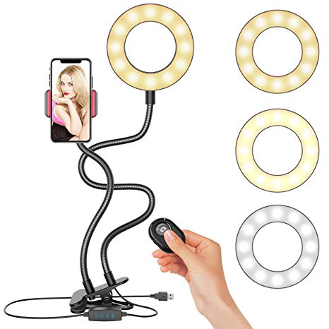 Selfie Ring Light, UPGRADED Selfie Light with Cell Phone Holder Stand for Live Stream Makeup Including Remote Shutter, LED Camera Light 3 Light Mode 10 Level Brightness Flexible Arm for iPhone/Android