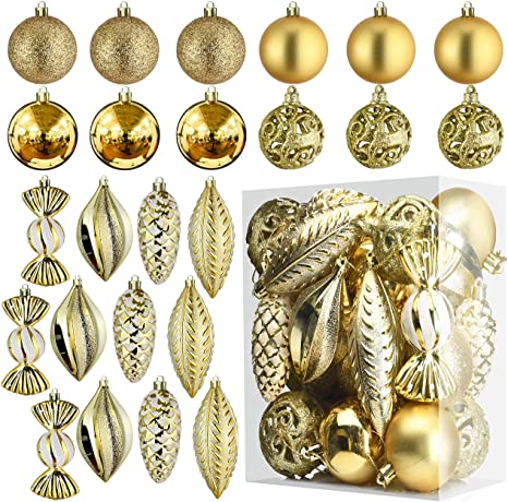 Prextex Gold Christmas Ball Ornaments for Christmas Decorations - 24 Pieces Xmas Tree Shatterproof Ornaments with Hanging Loop for Holiday and Party Decoration (Combo of 8 Ball and Shaped Styles)