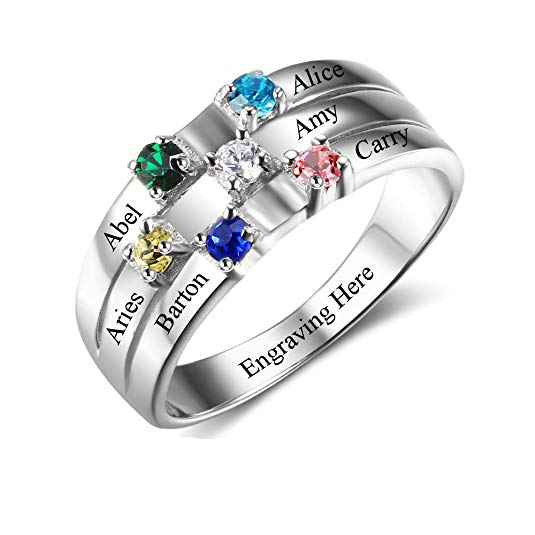Lam Hub Fong Personalized Mothers Rings with 6 Simulated Birthstones Rings for Mom Mother Grandmother Gifts for Mother's Day