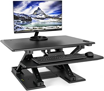 VIVO Black Electric Height Adjustable Two Tier Standing Tabletop Desk - 32" Wide Sit Stand Keyboard & Monitor Riser (DESK-V000EE)