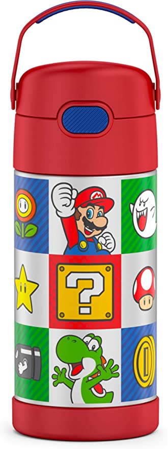 THERMOS FUNTAINER 12 Ounce Stainless Steel Vacuum Insulated Kids Straw Bottle, Super Mario Brothers