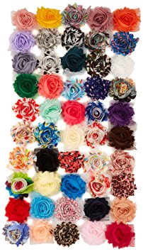 JLIKA (50 pieces) Shabby Flowers - Chiffon Fabric Roses - 2.5" - Solids and Prints Included - Assorted Color Mix - Single Flowers Grab Bag