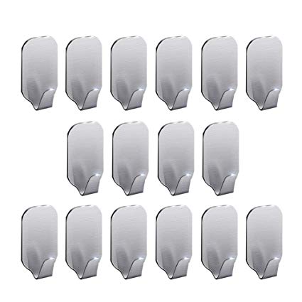 16 Pack Adhesive Hooks, 3M Self Adhesive Wall Hooks for Key Robe Coat Towel, Heavy Duty Stainless Steel Wall Mount Hooks for Kitchen Bathroom Toilet
