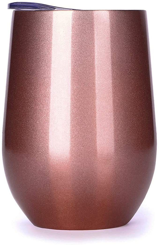 DC-BEAUTIFU 12oz Rose Gold Wine Tumbler Insulated, Stemless Wine Glass, Stainless Steel Coffee Tumbler Cup with Lid for Wine, Coffee, Champagne, Drinks, Cocktails
