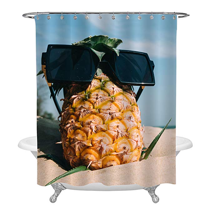 MitoVilla Funny Summer Coastal Shower Curtain Pineapple with Sunglasses Enjoy Sunbathe on The Beach, Funny Gifts for Men Women and Baby Kids, Yellow 72x78in