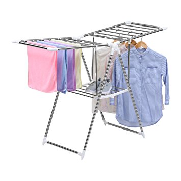 Excelvan XM-114W Collapsible Adjustable Gullwing Drying Rack, Folding Hanger Laundry Clothing Organization Rack with Bottom Rack