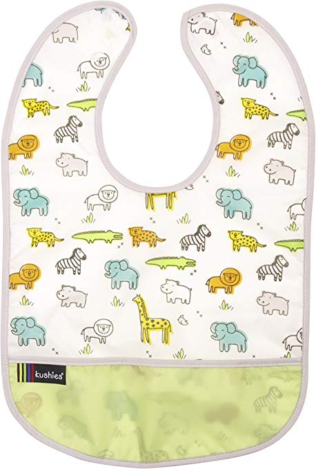 Kushies Cleanbib Waterproof Feeding Bib with Catch All/Crumb Catcher Pocket. Wipe Clean and Reuse! Lightweight for Comfort, Baby Boys and Girls, Unisex, 12 Months and Up, Neutral White Little Safari