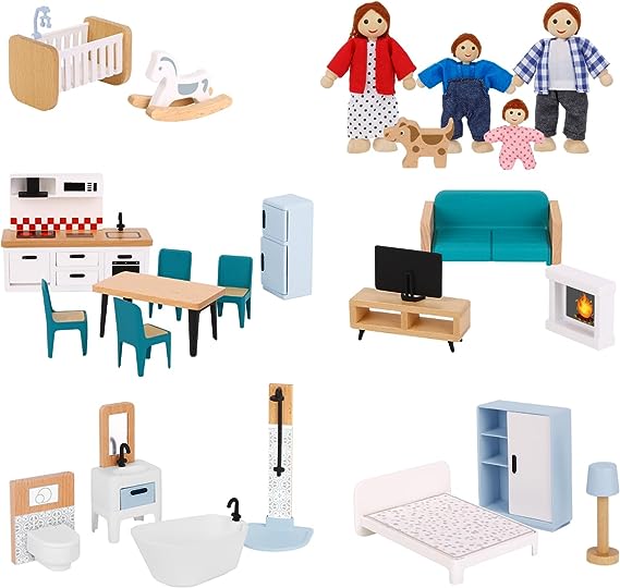 OOOK Wooden Dollhouse Furniture Set for Kids, 26 Pcs Dollhouse Accessories with 4 Family Dolls and Dog, Miniature Doll House Furniture Toys Pretend Play Gift for Girls Boys Age 3