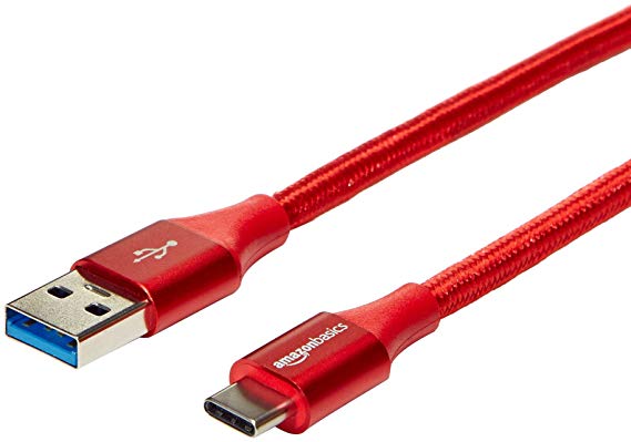 AmazonBasics Double Braided Nylon USB Type-C to Type-A 3.1 Gen 1 Cable | 3 m, Red