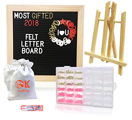 Felt Letter Board 10x10 by Leeking | 680 White, Red, Golden Changeable Letters - Emojis, Sorting Tray, Stand | Oak Frame, Word Board Message Board, Mounting Hook, Letter Sign for Xmas
