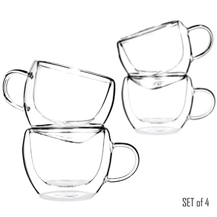 Tealyra - UNIVERSE 230ml - Set of 4 - Double Wall Glasses With Handle - Perfect Clear Cups - Tea - Coffee - Cappuccino - Heatproof Insulating - Keeps Beverages Hot - 8-ounce