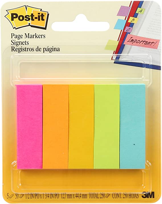 Post-it Page Markers, 1/2 in x 1 3/4 in, Assorted Fluorescent Colors , 50 Sheets/Pad, 5 Pads/Pack (670-5AF)