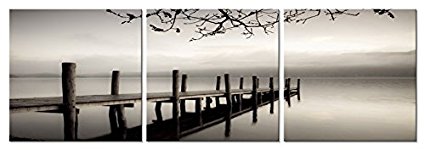 Pyradecor Peace Large Modern 3 Piece B & W Gallery Wrapped Landscapes Giclee Canvas Print Ocean Beach Pictures Paintings on Canvas Wall Art Work for Living Room Kitchen Home Office Decorations