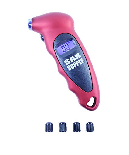 SAS Supply Digital Tire Pressure Gauge 150 PSI - LCD Backlight and 4 Bonus Valve Caps - for Cars, Trucks, Bicycles or Motorcycles - Red (1)