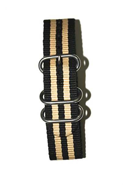 22mm Beige/Black Military Style Strap with Two S/S Rings and S/S Heavy Buckle. Great to Attach to Any Timepiece.