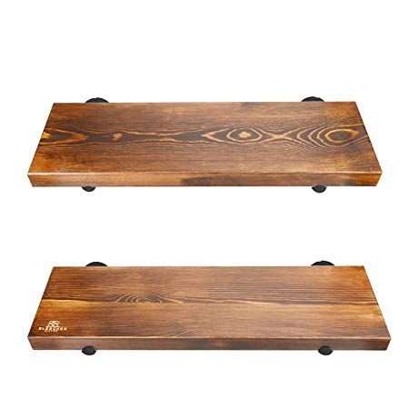 Floating Wall Shelves with Industrial Pipe Brackets, Solid Wood, Set of 2, Rustic Farmhouse Shelf, 24" x 7.5" x 1.5" (2, Walnut)