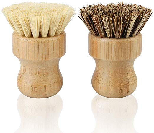 2 Pack Natural Dish Brush, Picowe Bamboo Round Natural Scrub Brush for Dishes Cast Iron Pots Pans Vegetables, Used in Bathroom Kitchen Sink Household Cleaning