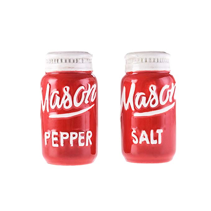 Red Mason Jar Salt & Pepper Shakers - Kitchen Ceramic Shakers | Retro & Farmhouse Decor | Dishwasher & Microwave Safe | Set of 2 | Baking Supplies| Rustic Home Accessory & Gifts by Goodscious