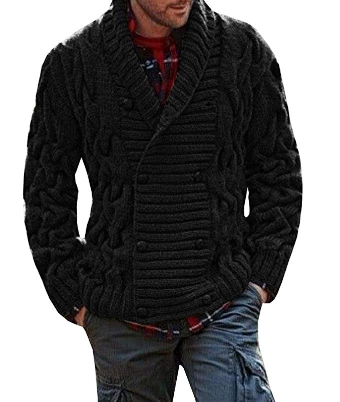 Karlywindow Mens Thick Shawl Collar Double Breasted Cable Knitted Cardigan Sweaters