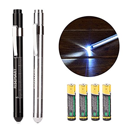 RISEMART LED Penlight Medical Reusable Healthcare Pen Light with Pupil Gauge for Nurses Doctors White 2PCS(Black & Silver)