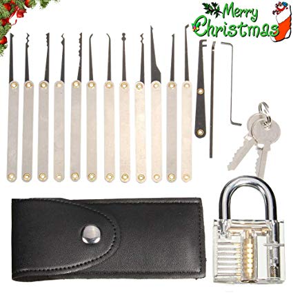 BOMPOW Lock Picking Set, 15pcs Lock Pick Tool Kit with Transparent Practice Padlock, Professional Guide and Extractor Tool for Beginners