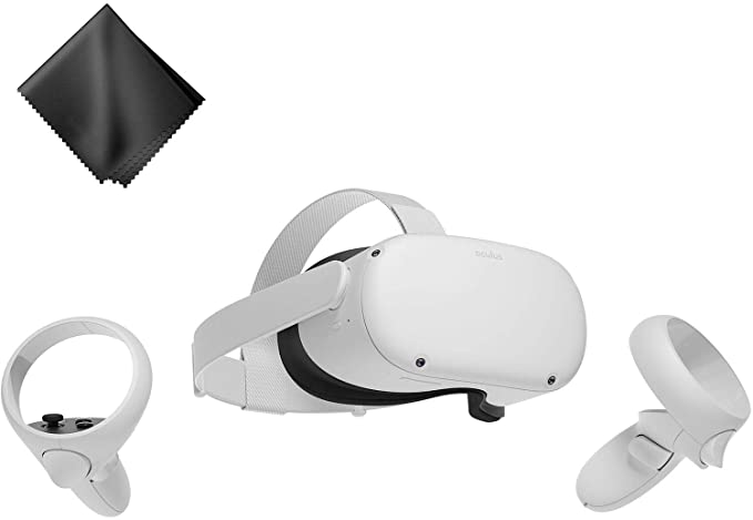 Oculus Quest 2 — Advanced All-in-One Virtual Reality Gaming Headset — White — 64GB Video — BROAGE Microfiber Glasses Cleaning Cloth 1 Pack