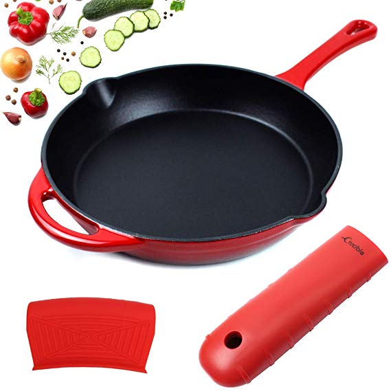 10" Enameled Cast Iron Skillet Frying Pan, 1 Extra Thick Silicone Hot Handle Holder and 1 Silicone Potholder for The Assist Handle