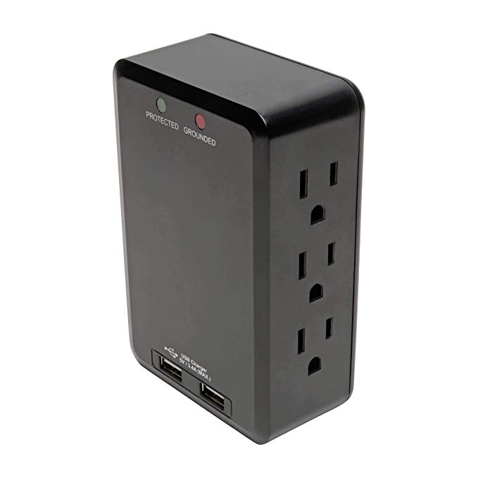 Tripp Lite 6 Outlet Surge Protector with USB Ports, Direct Plug-in Wall Outlet Surge Protector, 1050 Joules, 2 USB, Black, $20, 000 Insurance (TLP6SLUSBB)