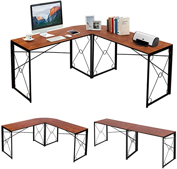 VECELO L Shaped Computer Corner Craft Desk, 59’’x59’’ Large Industrial Home Office Workstation, Multi-Usage Long 2 Person Table, Easy Assembly/Saving Space, Brown Wooden Grain