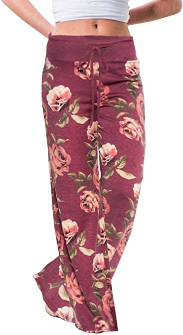 AMiERY Women's Comfy Casual Pajama Pants Floral Print Drawstring Palazzo Lounge Pants Wide Leg