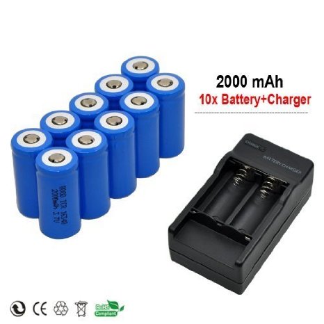 10x 2000mah 3.7v Cr123a 16340 Li-ion Rechargeable Battery  Charger for Ultrafire