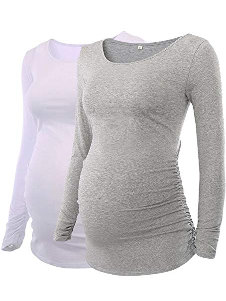 Love2Mi Women's Maternity Tunic Tops Flattering Side Ruching Long Sleeve Scoop Neck Pregnancy Halloween Costume T-Shirt