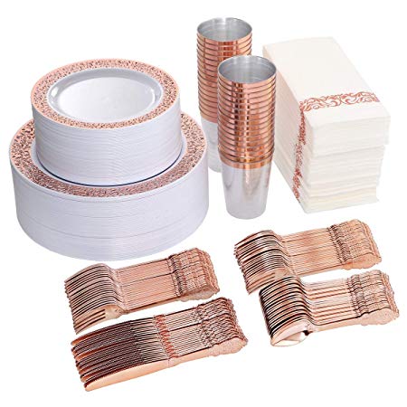 400Pcs Set Includes: 100 Rose Gold Plastic Plates,150 Rose Gold Silverware-50 Forks, Knives and Spoons Each, 50 Disposable Cups, Paper Straw and Napkins Each(I00000)
