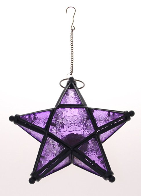 JustNile Hanging Candle Lantern Holder - Star Frame with Purple Glass